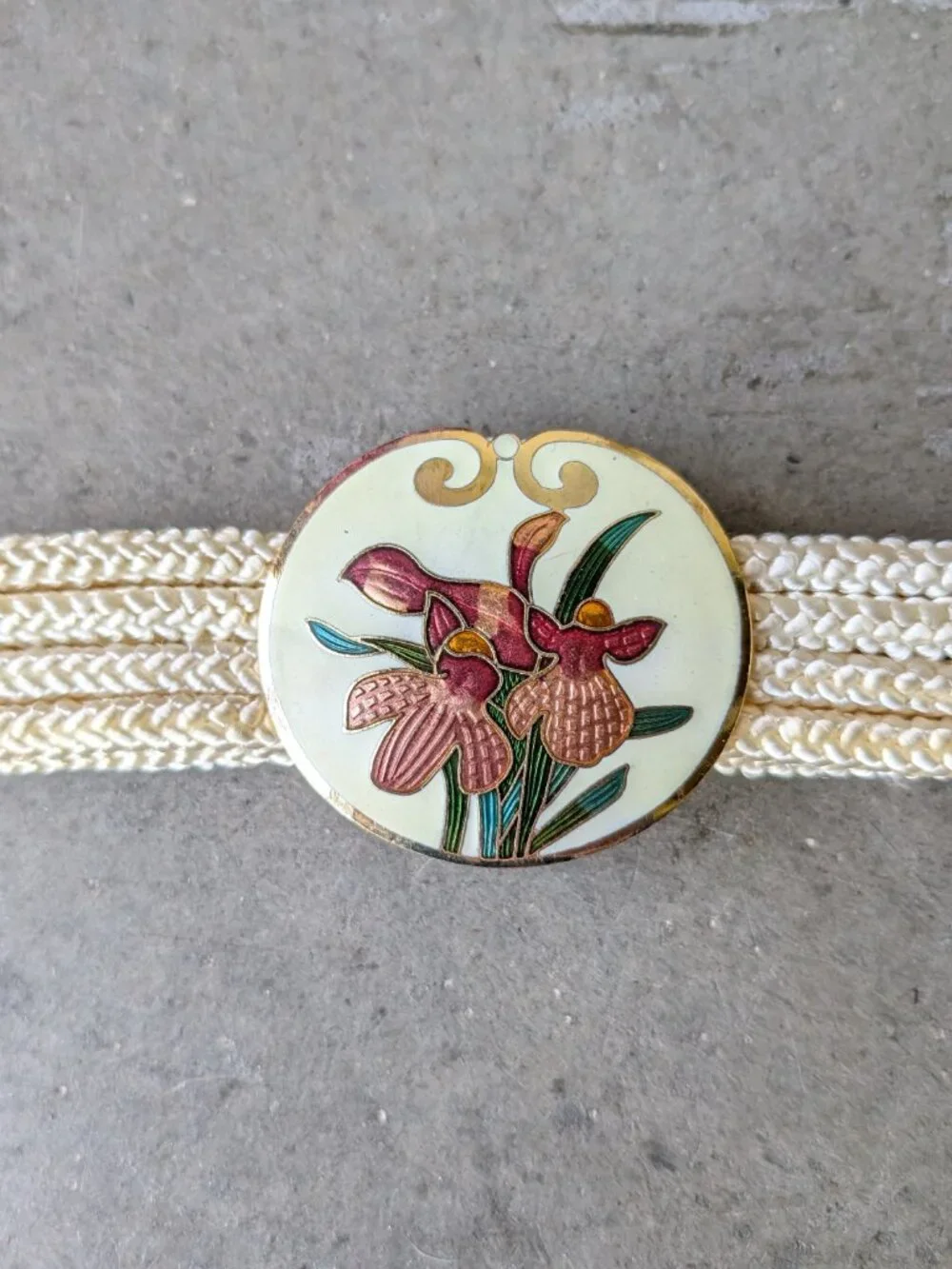 Vintage 1980s Floral Cloisonne Buckle Ivory Gold Rope Belt one size